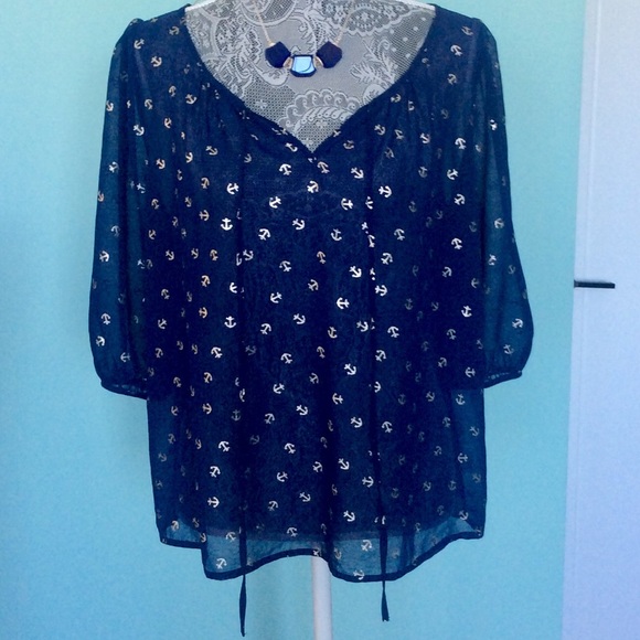 ❤️ UMGEE Blue Sheer Blouse w/ Silver Anchors - S - Picture 1 of 5